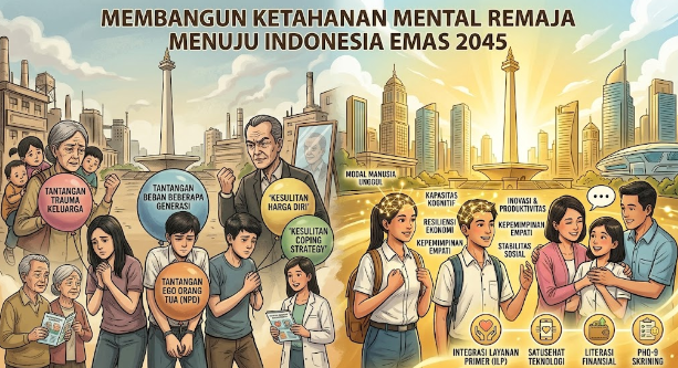 Ilustrasi perbandingan beban trauma transgenerasional dan pola asuh narsistik dengan visi kesehatan mental remaja yang tangguh menuju Indonesia Emas 2045.