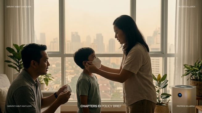 Keluarga Indonesia menggunakan pelindung respiratoris di tengah kabut asap pekat Karhutla dan polusi udara PM2.5 yang memicu lonjakan kasus ISPA.